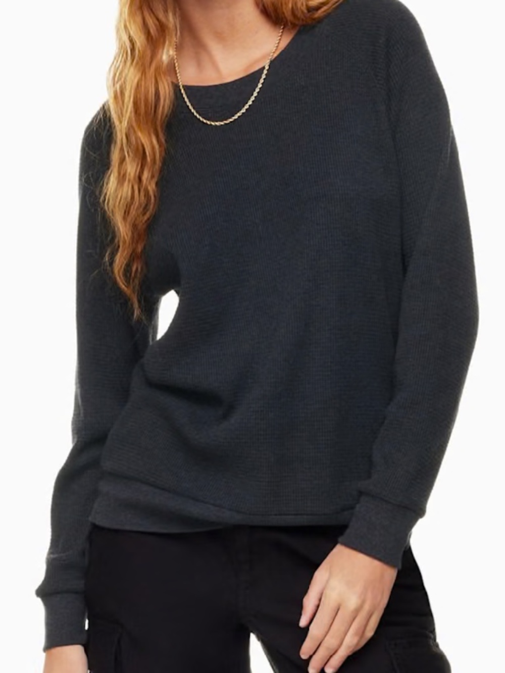 TNA Aritzia Washed Black Waffle Crew Neck Long sleeved Sweater